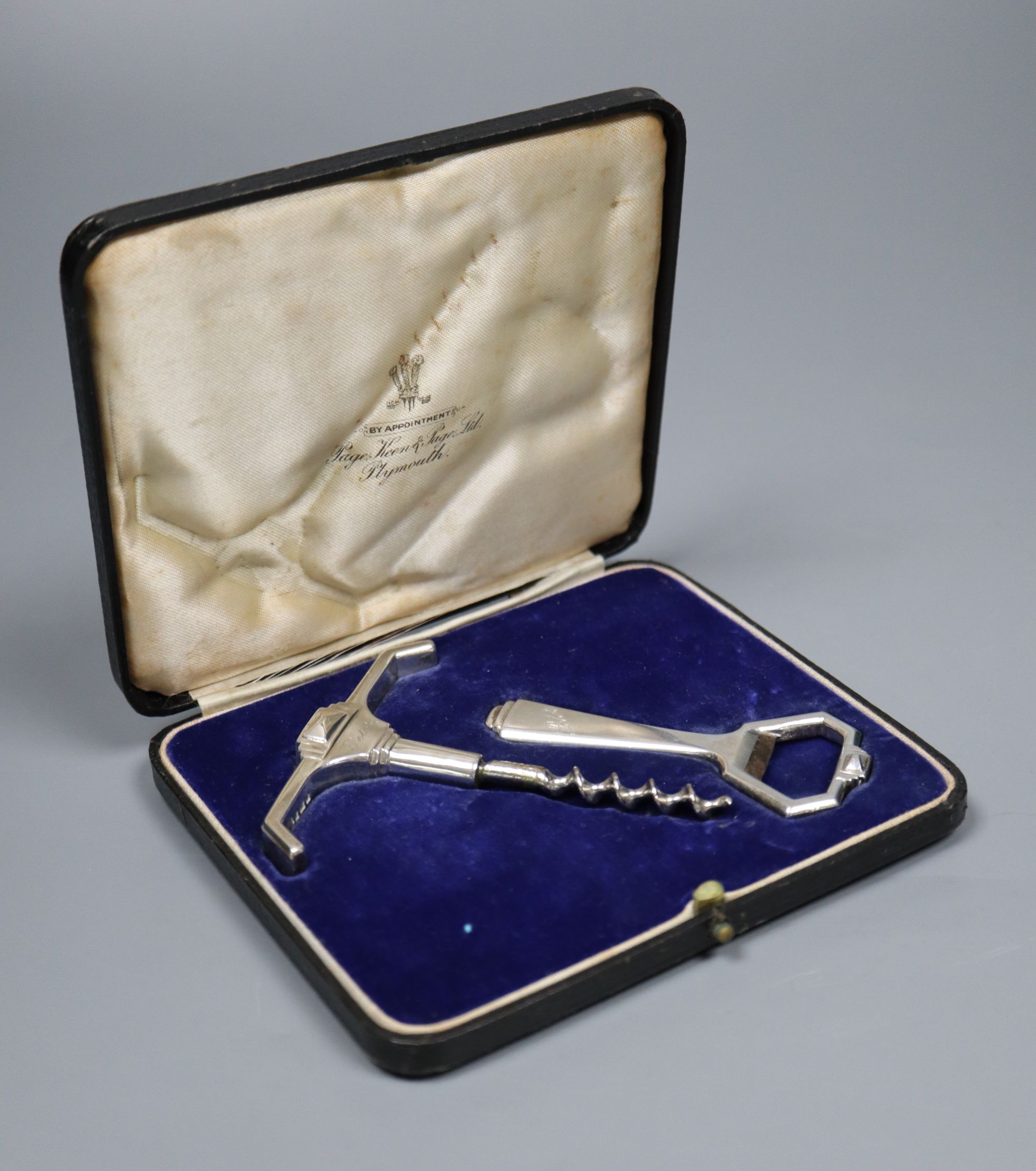 A cased Art Deco silver mounted corkscrew and bottle opener, Page, Keen & Page, London, 1936, corkscrew 95mm,